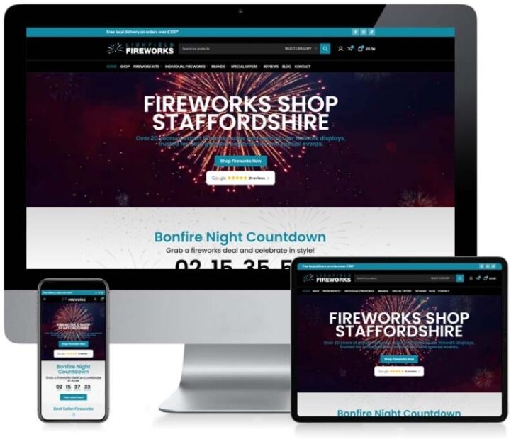 Lichfield Fireworks WooCommerce Website Design on Desktop, Tablet and Mobile