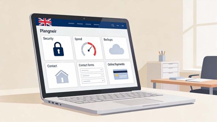 Illustration showing essential WordPress plugins for security, speed, backups, and usability on a UK business website
