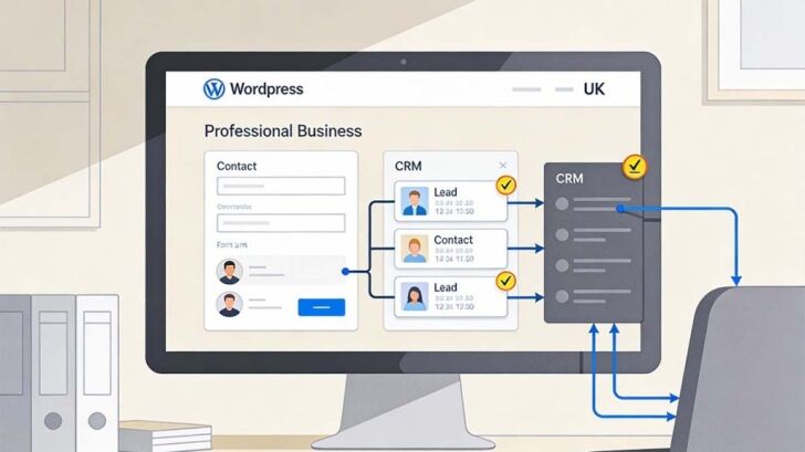 Illustration showing WordPress contact forms feeding customer enquiries into a CRM system for lead generation and follow-up