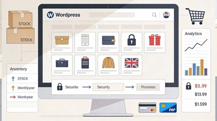 Illustration showing WooCommerce e-commerce plugins with products, secure payments, subscriptions, and business tools for UK online shops
