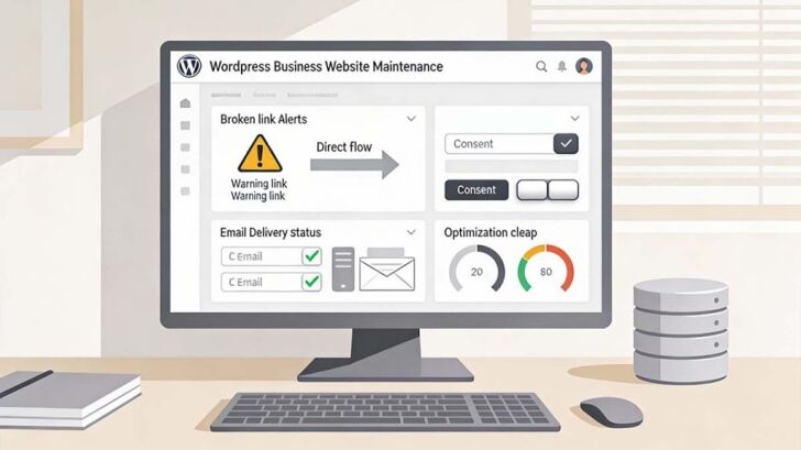 Illustration showing WordPress maintenance, GDPR compliance, email delivery, and link monitoring tools for business websites
