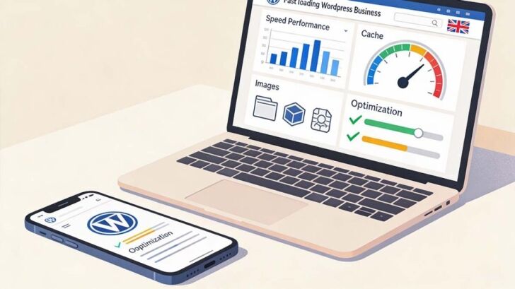 Illustration showing WordPress performance plugins improving website speed through caching and image optimisation for better SEO