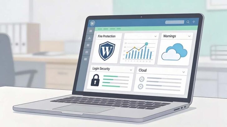 Illustration showing WordPress security and backup plugins protecting a business website with firewall, malware scanning, and secure backups