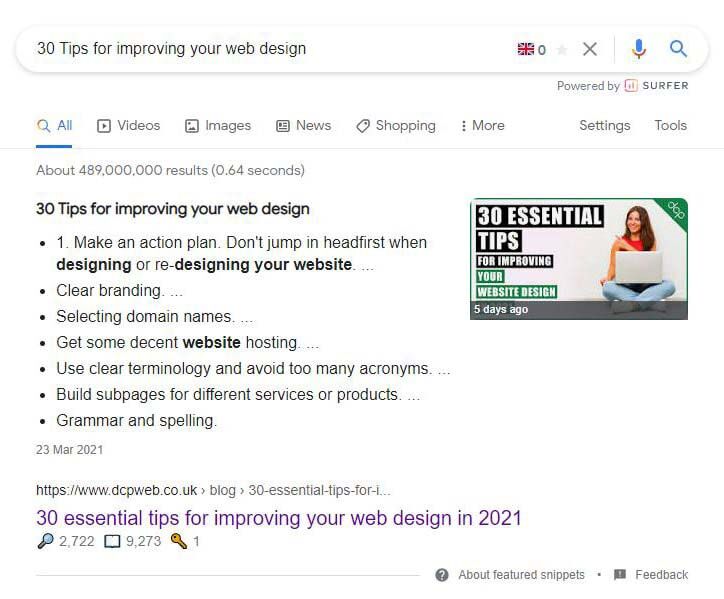 Example rich snippet for desktop view