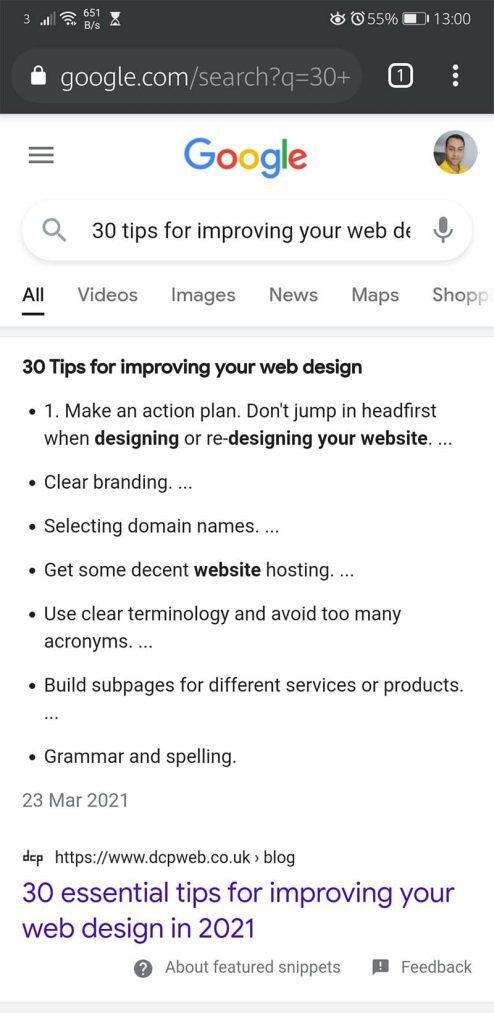 Example rich snippet for mobile view