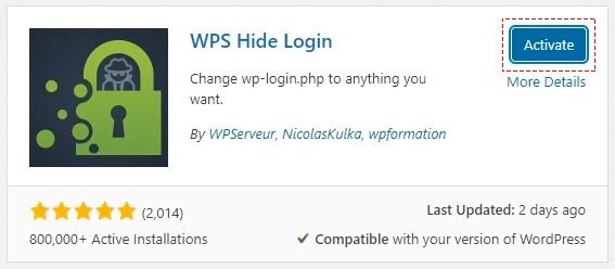 wps hide login wordpress activate button