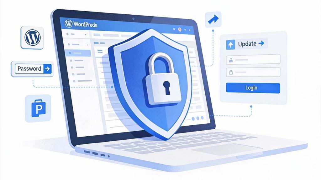 Essential WordPress security measures showing a protected website dashboard with login, updates, and plugin protection