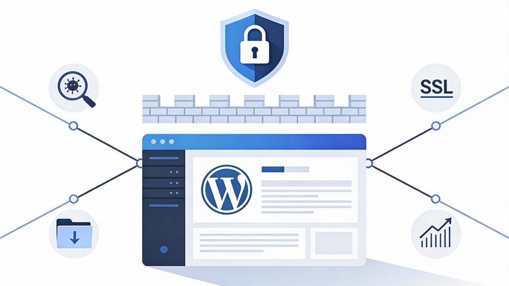 Secure WordPress hosting showing SSL, firewall protection, and layered website security