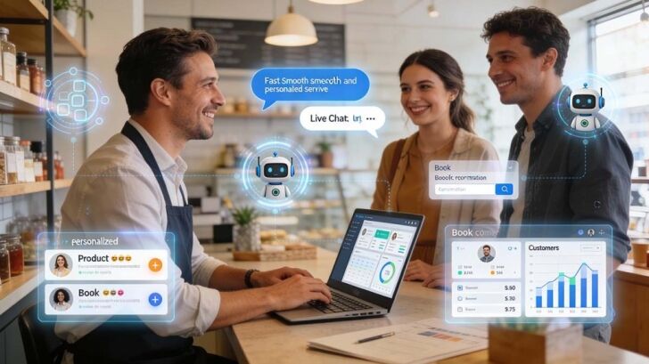 AI technology improving customer experience with chatbots, personalised service and automated customer support for small businesses