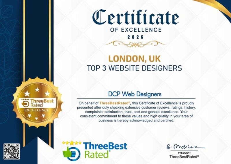 ThreeBestRated Top 3 Website Designers in London 2026 award for DCP Web Designers Certificate