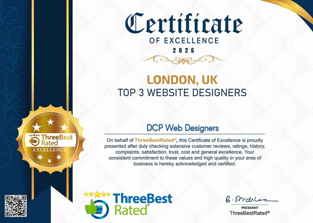 ThreeBestRated Top 3 Website Designers in London 2026 award for DCP Web Designers Certificate
