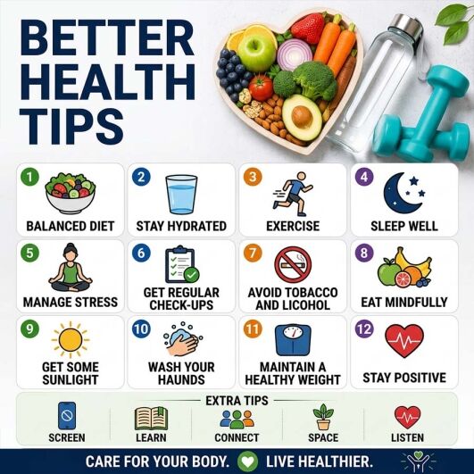 Infographic showing better health tips including nutrition, fitness, hydration, sleep and healthy lifestyle habits for overall wellness