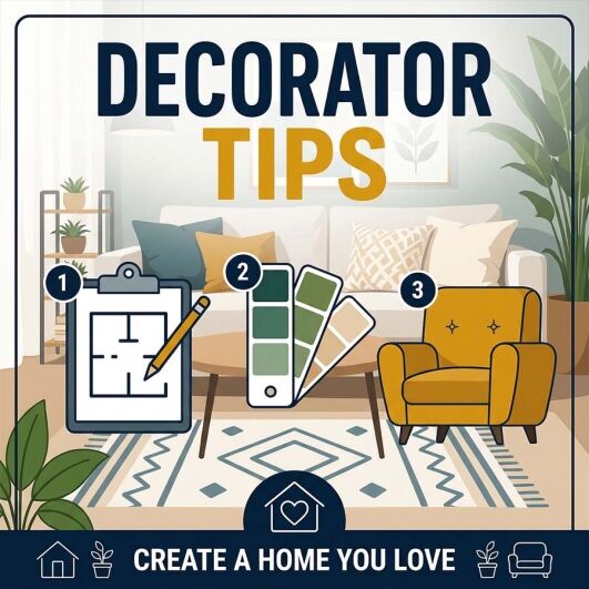 Infographic showing decorator tips for home painting, interior design, colour schemes and property renovation projects