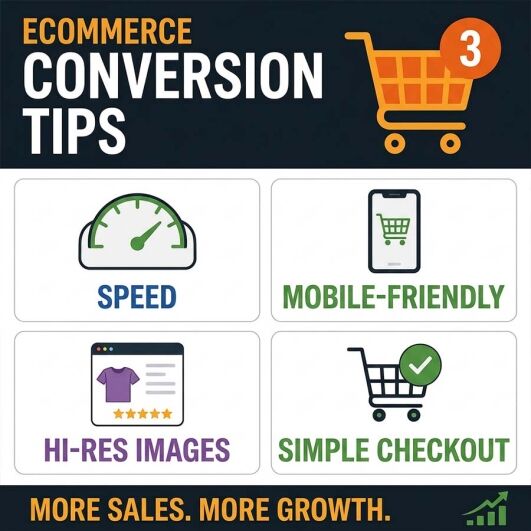 Infographic showing ecommerce conversion tips to improve online store sales, customer engagement, checkout experience and website conversions