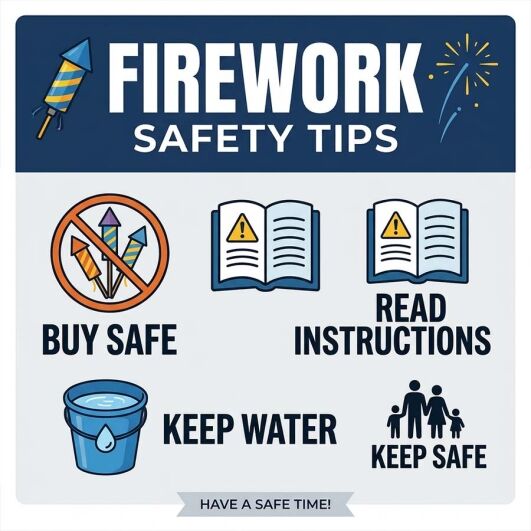 Infographic showing firework safety tips for fireworks displays, public events, garden fireworks and safe handling procedures