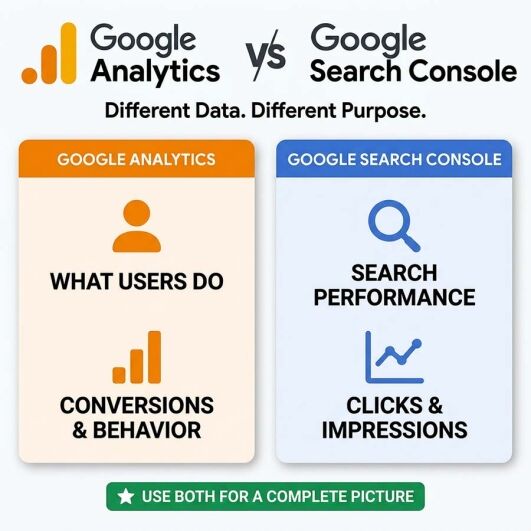 Infographic comparing Google Analytics vs Google Search Console including SEO data, website traffic insights, keyword tracking and performance reporting
