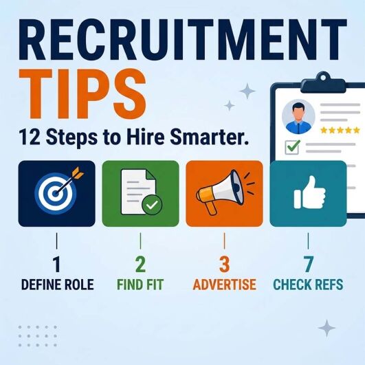 Infographic showing recruitment tips for hiring staff, job interviews, candidate selection and improving recruitment processes for businesses