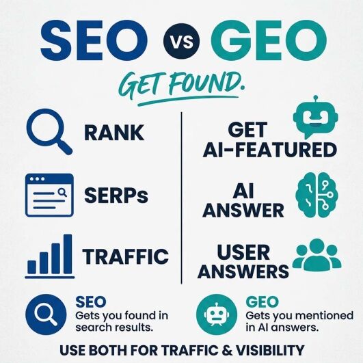 Infographic comparing SEO vs GEO including search engine optimisation, generative engine optimisation, AI search visibility and digital marketing strategies