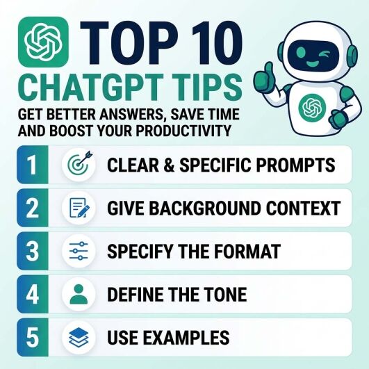 Infographic showing the top 10 ChatGPT tips for AI productivity, prompt writing, better responses and business efficiency