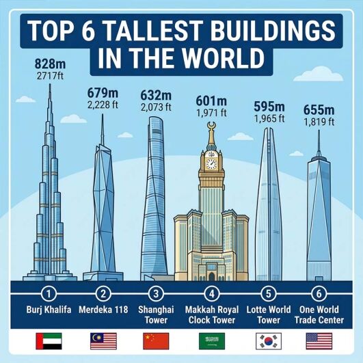 Infographic showing the top 10 tallest buildings in the world including Burj Khalifa, Shanghai Tower and Merdeka 118 with building heights and locations