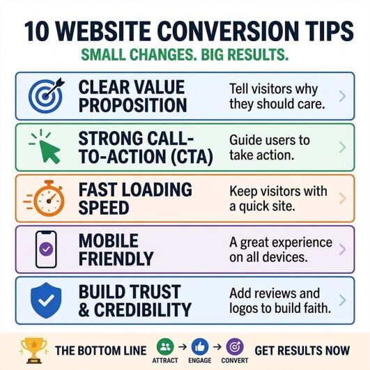 Infographic showing the top 10 website conversion tips to improve user experience, lead generation, customer engagement and online sales