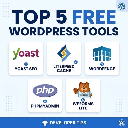 Infographic showing the top 5 free tools for WordPress developers including Yoast SEO, LiteSpeed Cache, Wordfence, phpMyAdmin and WPForms Lite for SEO, security and performance optimisation