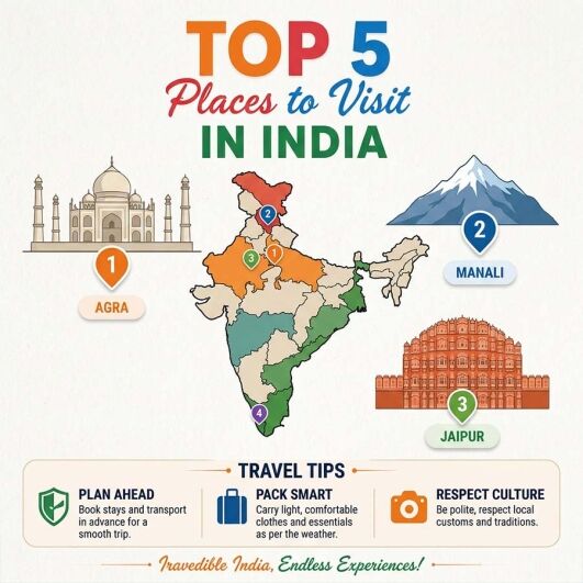 Infographic showing the top 5 places to visit in India including Agra, Manali, Jaipur, Kerala and Ladakh with travel highlights and attractions