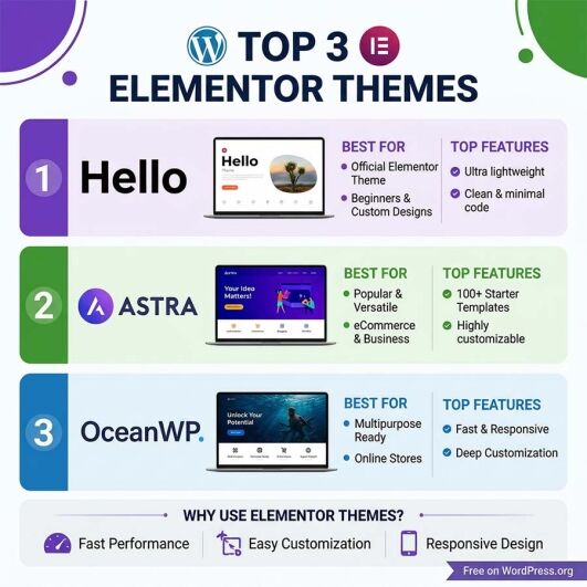 Infographic showing the top 5 WordPress Elementor themes for business website design, ecommerce, speed and customisation