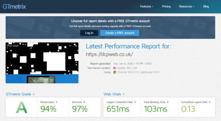 GTmetrix stats for dcp web designers