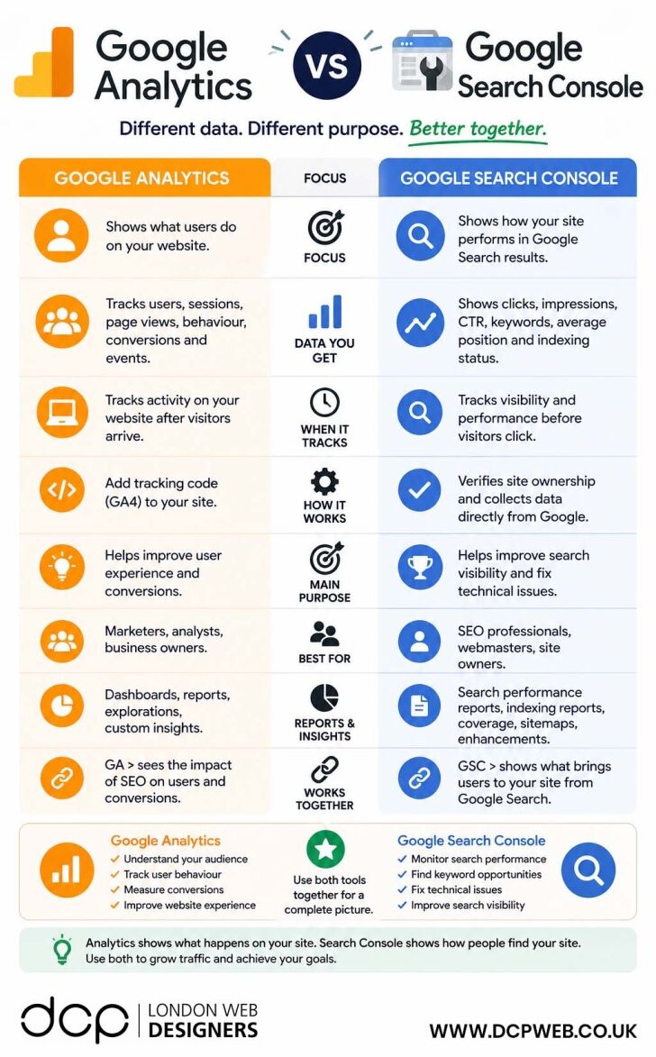 Google Analytics vs Google Search Console infographic comparing website analytics, SEO performance tracking, user behaviour, keyword data, indexing, conversions and reporting tools.
