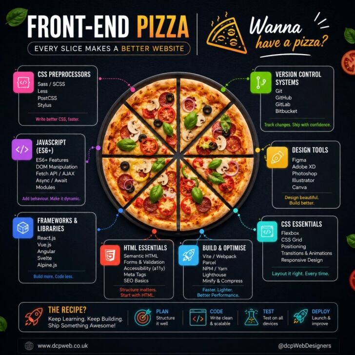 Front-End Pizza infographic showing essential web development skills including HTML, CSS, JavaScript, frameworks, Git, design tools and website optimisation technologies.