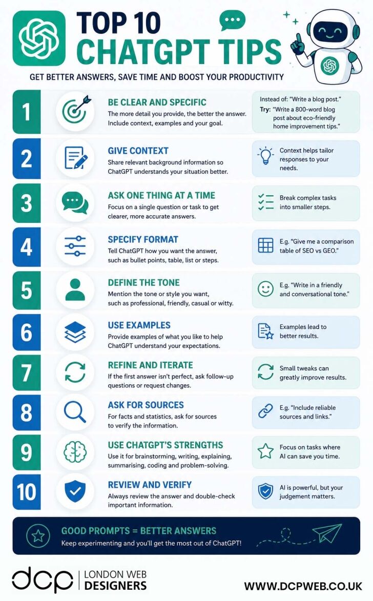 top 10 chatgpt tips ai productivity prompt writing infographic